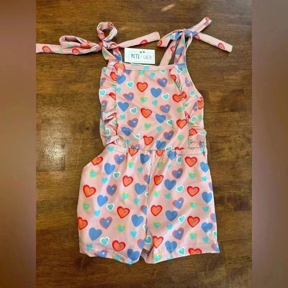 Pink Heart-Print Tie-Shoulder Romper NWT